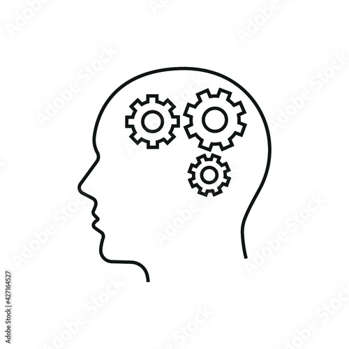 Head with gear icon. Idea logo. Symbols of thinking.