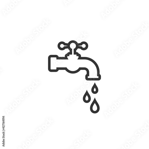 water tap with classic old valve and liquid drops. black line icon isolated on white.