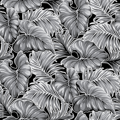 Tropical monstera and palm leaves in black and white abstract vector seamless pattern