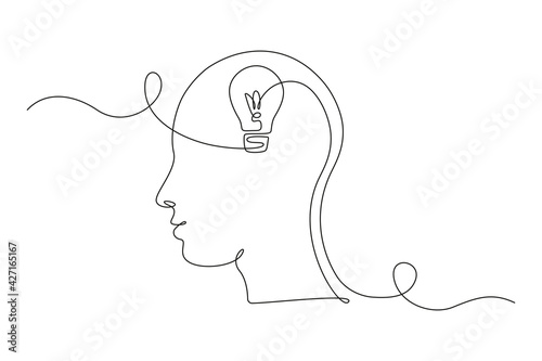 Lightbulb in head in One single Line drawing for logo, emblem, web banner, presentation. Simple creative idea and imagine concept. Vector illustration photo