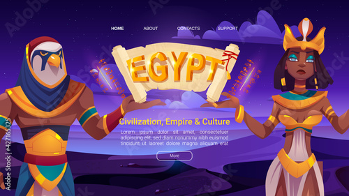 Ancient Egypt cartoon landing page with Egyptian god Horus and queen Cleopatra holding papyrus. Deities characters in pharaoh royal clothes, civilization, empire and culture learning Vector web banner