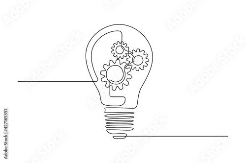 Lightbulb with gear wheels in One single Line drawing for logo, emblem, web banner, presentation. Simple creative innovation concept. Vector illustration photo