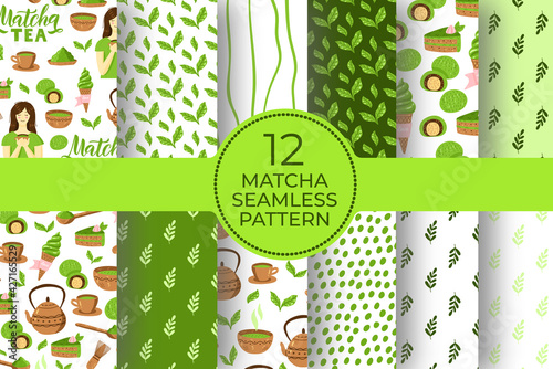 Matcha green tea pattern set. Seamless japanese culture pattern collection with Matcha powder, bowl, teapot, leaves and cupcake.