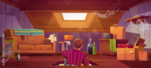 Man climb on attic by ladder through roof hatch, character in room with old things and furniture. Discreet garret with antique radio, sofa, carton boxes and wine bottles, Cartoon vector illustration
