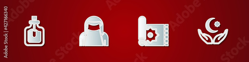 Set Perfume, Muslim woman in niqab, Traditional carpet and Star and crescent icon. Vector