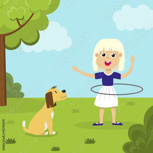 Cute smiling blond girl playing with hula hoop and a dog looking at her in the park. Happy hula hooping kid outside with a pet. Child enjoying exercising on the green lawn. Flat vector illustration.