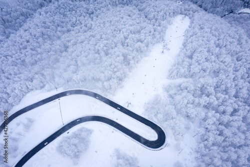 Aerial Winter landscape in Ski Resort Rosa Khutor. TMountain road from a bird's eye view. Krasnaya Polyana, Sochi, Russia