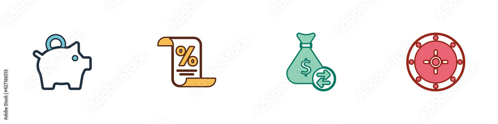 Set Piggy bank, Finance document, Money bag and Safe icon. Vector