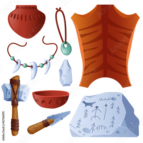 Prehistoric objects set animal skin, clay pot and bowl, amulets with teeth, weapon ax or knife and rock with petroglyphs. Stone ages tools isolated on white background, Cartoon vector icons set