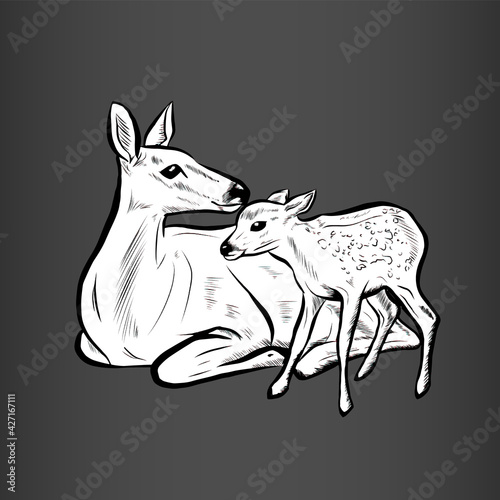 Abstract contrast black and white animals drawing vector with dark gradient background. Cartoon, character, positive picture with family theme. 