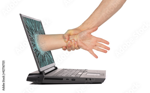 Man pulling someone through the laptop screen