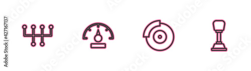 Set line Gear shifter, Car brake disk with caliper, Speedometer and icon. Vector
