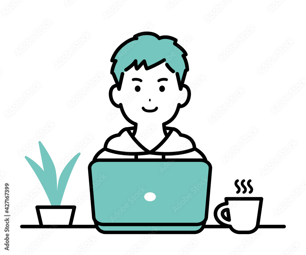 私服でパソコンで作業をしているビジネスパーソンのイラスト 男性 私服でパソコンで作業をしているビジネスパーソンのイラスト 男性