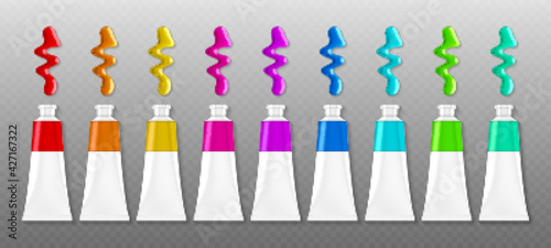 Set of paints tubes with blots top view, colorful palette with oil or acrylic dye in metal aluminium bottles with white screw caps isolated on transparent background, Realistic 3d vector illustration