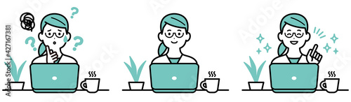 私服でパソコンで作業をしているビジネスパーソンのイラスト　女性　表情のセット