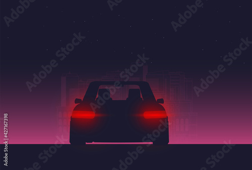 Night background with car vector, flat illustration