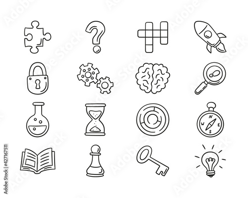 Puzzle and riddles. Set of isolated hand drawn icons. Crossword puzzle, Maze, Brain, Chess piece, Light bulb, labyrinth, gear, lock and key. Vector illustration in doodle style on white background