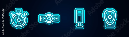 Set line Stopwatch, Boxing belt, Punching bag and training paws. Glowing neon icon. Vector