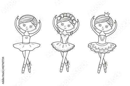 Little cute ballerina in pointe shoes and dress. Isolated set vector illustrations in doodle style on white background