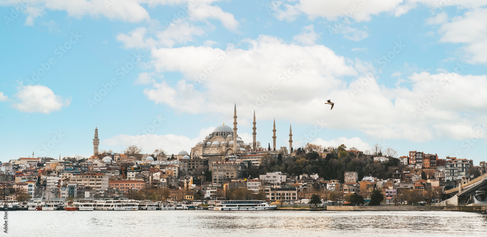 Panorama of Istanbul. The beautiful Suleymaniye mosque against the blue sky. 