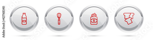 Set line Bottle with milk, Kitchen whisk, Jar of sugar and Bread toast. Silver circle button. Vector