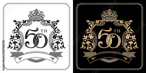 illustration of 50th Golden anniversary symbol with royal crown emblems, two variation gold and monochrome design isolated black and white backgrounds. applicable for greeting cards, invitation etc.