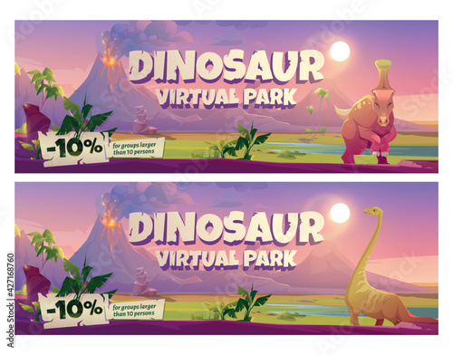 Dinosaur virtual park cartoon posters, historical online museum visit promo with discount for large groups. Educational prehistory portal, paleontology studying, exhibition service, vector flyers set