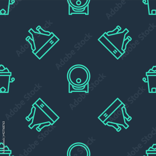 Set line Wooden barrel on rack, Pack of beer bottles and Ice bucket on seamless pattern. Vector