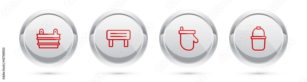 Set line Sauna bucket, wood bench, mittens and . Silver circle button. Vector Set line Sauna bucket, wood bench, mittens and . Silver circle button. Vector