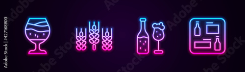 Set line Glass of beer, Wheat, Beer bottle and glass and menu. Glowing neon icon. Vector