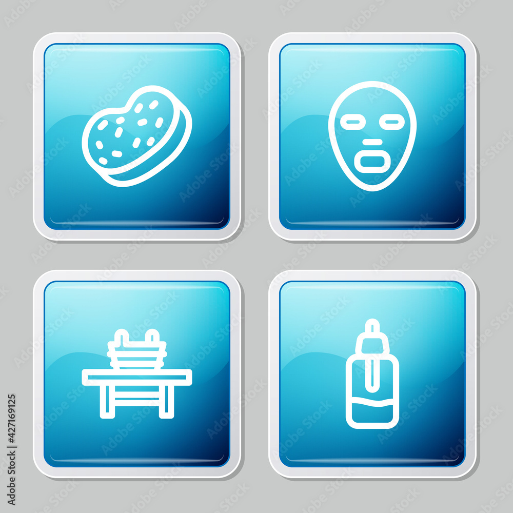 Set line Bath sponge, Facial cosmetic mask, Sauna bench with bucket and Essential oil bottle icon. Vector Set line Bath sponge, Facial cosmetic mask, Sauna bench with bucket and Essential oil bottle icon. Vector