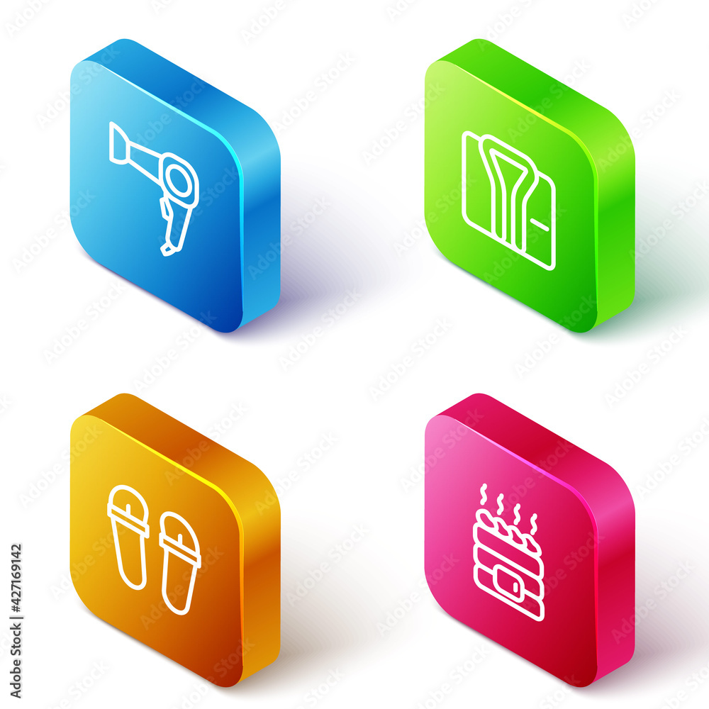 Set Isometric line Hair dryer, Bathrobe, Flip flops and Hot sauna stones icon. Vector Set Isometric line Hair dryer, Bathrobe, Flip flops and Hot sauna stones icon. Vector