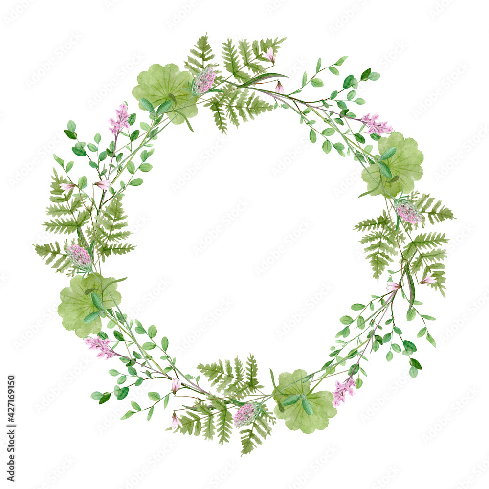 Fototapeta premium Watercolor forest greenery wreath frame. Perfect for logo and wedding invitation. Botanical illustration