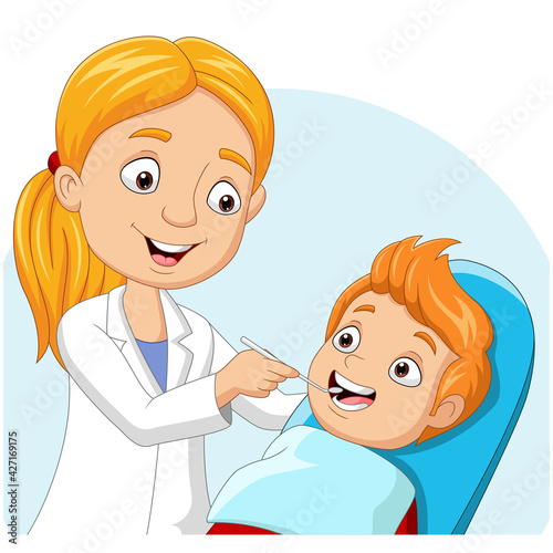 Cartoon doctor dentist checking boy teeth