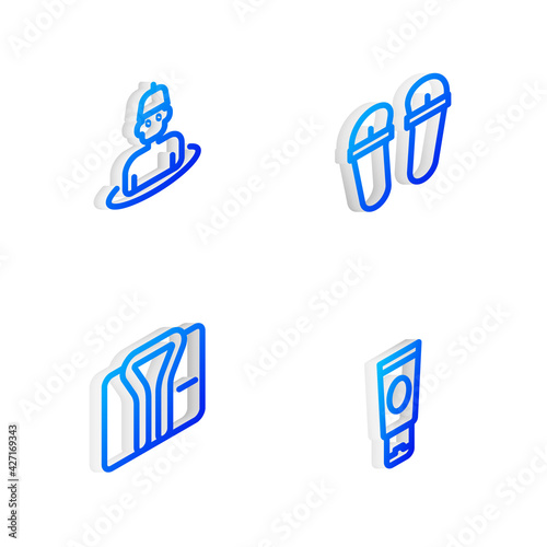 Set Isometric line Flip flops  Man in the sauna  Bathrobe and Cream or lotion cosmetic tube icon. Vector