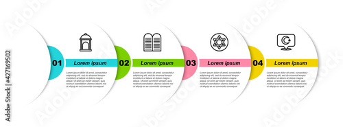 Set line Muslim Mosque, The commandments, Star of David and crescent. Business infographic template. Vector