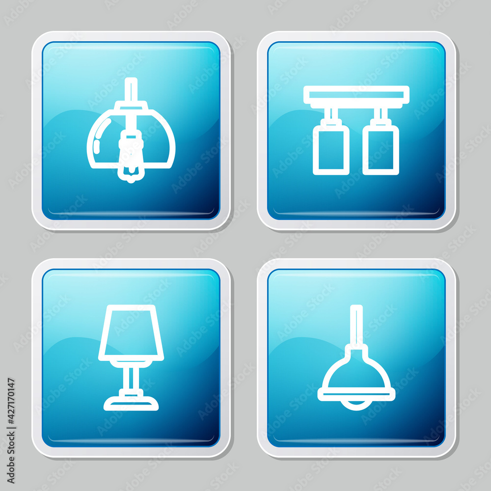 Set line Chandelier, Led track lights lamps, Table and Lamp hanging icon. Vector Set line Chandelier, Led track lights lamps, Table and Lamp hanging icon. Vector