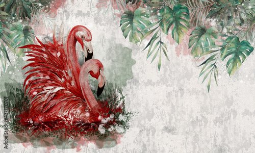 Fototapeta samoprzylepna flamingi i egzotyczne liście na teksturowym tle