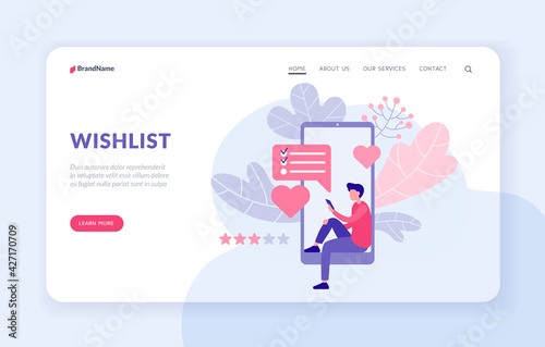 Wishlist landing page website banner template. Guy makes orders for gifts online application vector flat illustration. Male character with smartphone making personal wishlist and favourites list