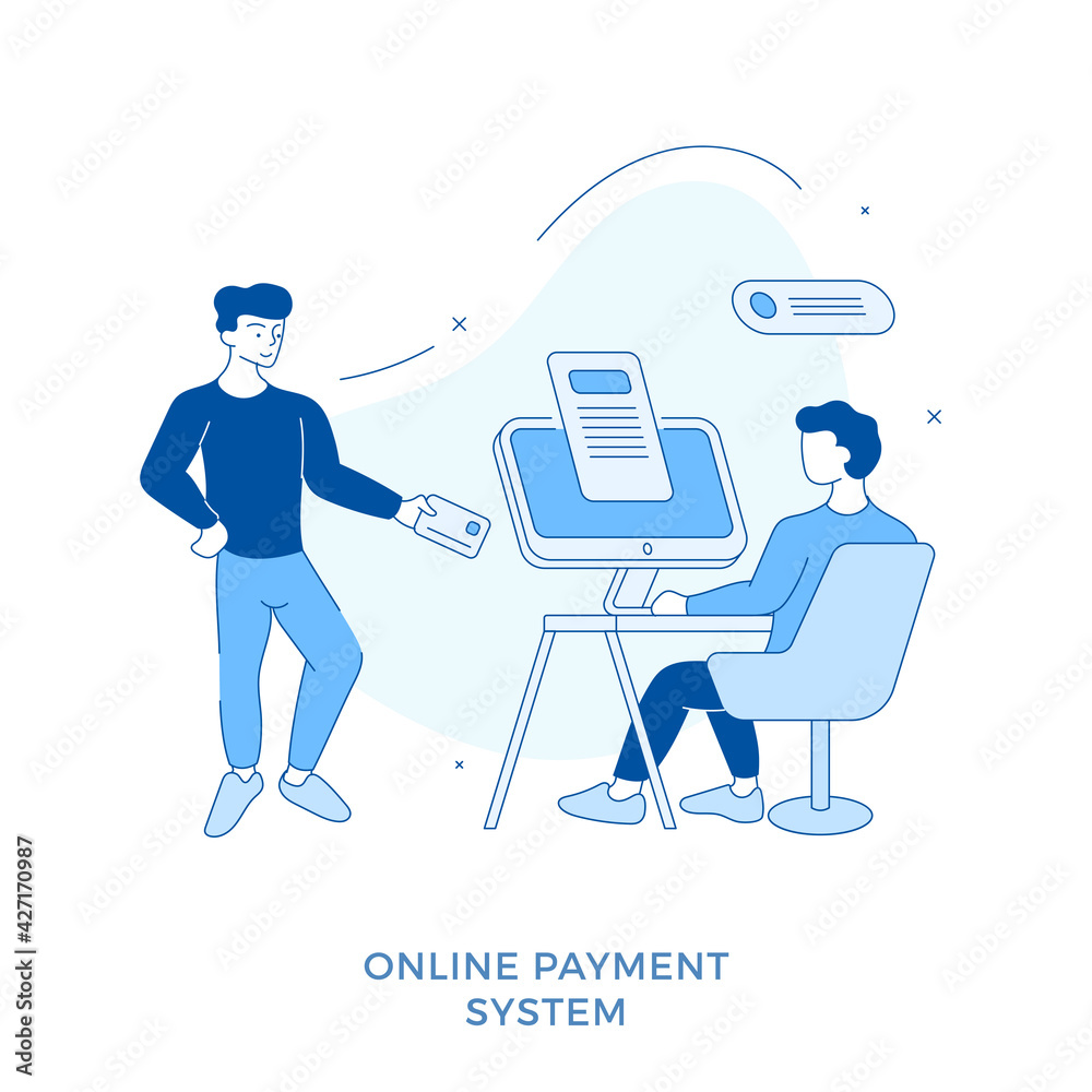 Linear flat Online payment system. Male cartoon character paying for purchases with card. Seller sitting at desktop and receiving payment online. Digital financial transaction. Shopping online