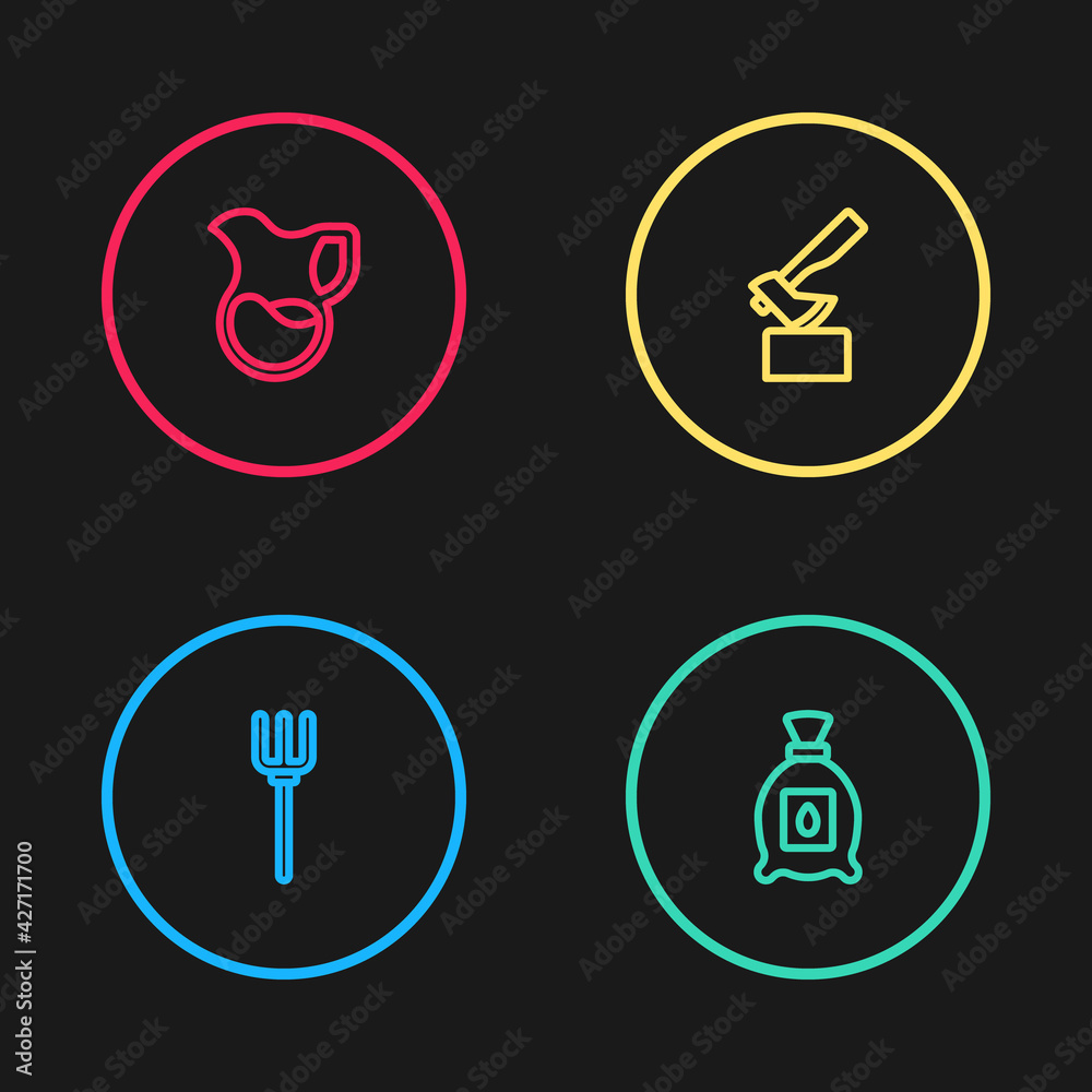 Set line Garden pitchfork, Pack full of seeds of plant, Wooden axe and Jug glass with milk icon. Vector Set line Garden pitchfork, Pack full of seeds of plant, Wooden axe and Jug glass with milk icon. Vector