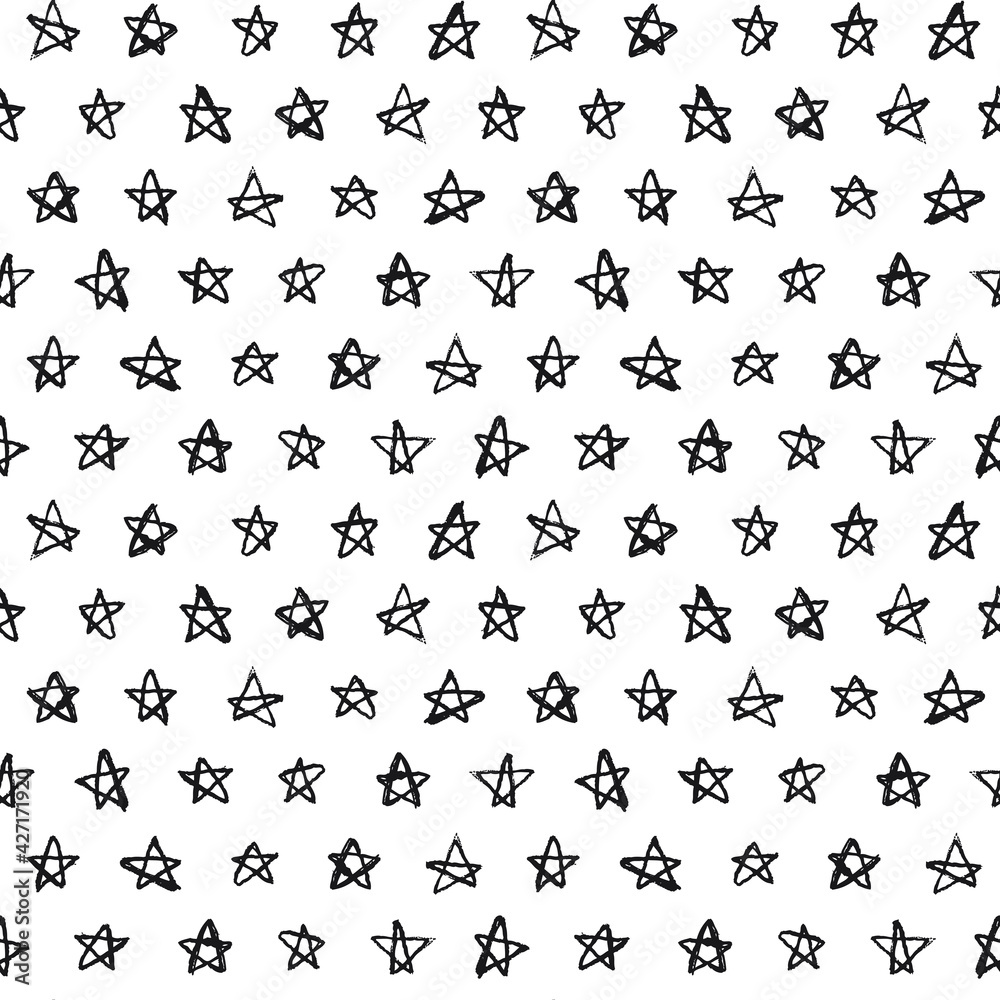 Stars seamless pattern, line drawing. A seamless pattern made with hand drawn stars.