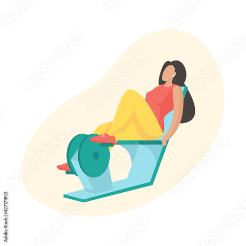 Woman doing exercises with recumbent exercise bike. Outdoor sports equipment. Female cartoon character in sportswear doing cardio exercise. Flat vector illustration