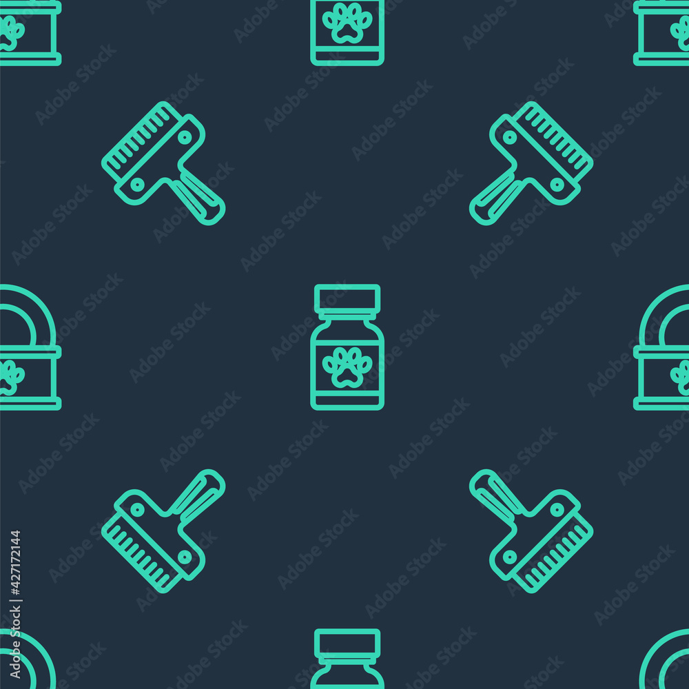 Set line Medicine bottle and pills, Hair brush for dog cat and Canned food on seamless pattern. Vector Set line Medicine bottle and pills, Hair brush for dog cat and Canned food on seamless pattern. Vector