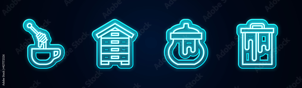 Set line Honey dipper stick with honey, Hive for bees, Jar of and Honeycomb. Glowing neon icon. Vector