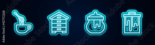 Set line Honey dipper stick with honey, Hive for bees, Jar of and Honeycomb. Glowing neon icon. Vector