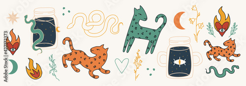 Set of hand drawn abstract elements in modern, trendy colors, taro cards and boho concept, minimalism art.