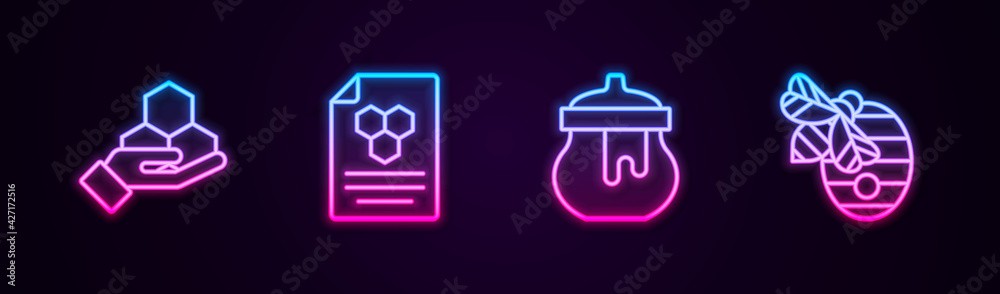 Set line Honeycomb and hand, , Jar of honey and Hive for bees. Glowing neon icon. Vector Set line Honeycomb and hand, , Jar of honey and Hive for bees. Glowing neon icon. Vector