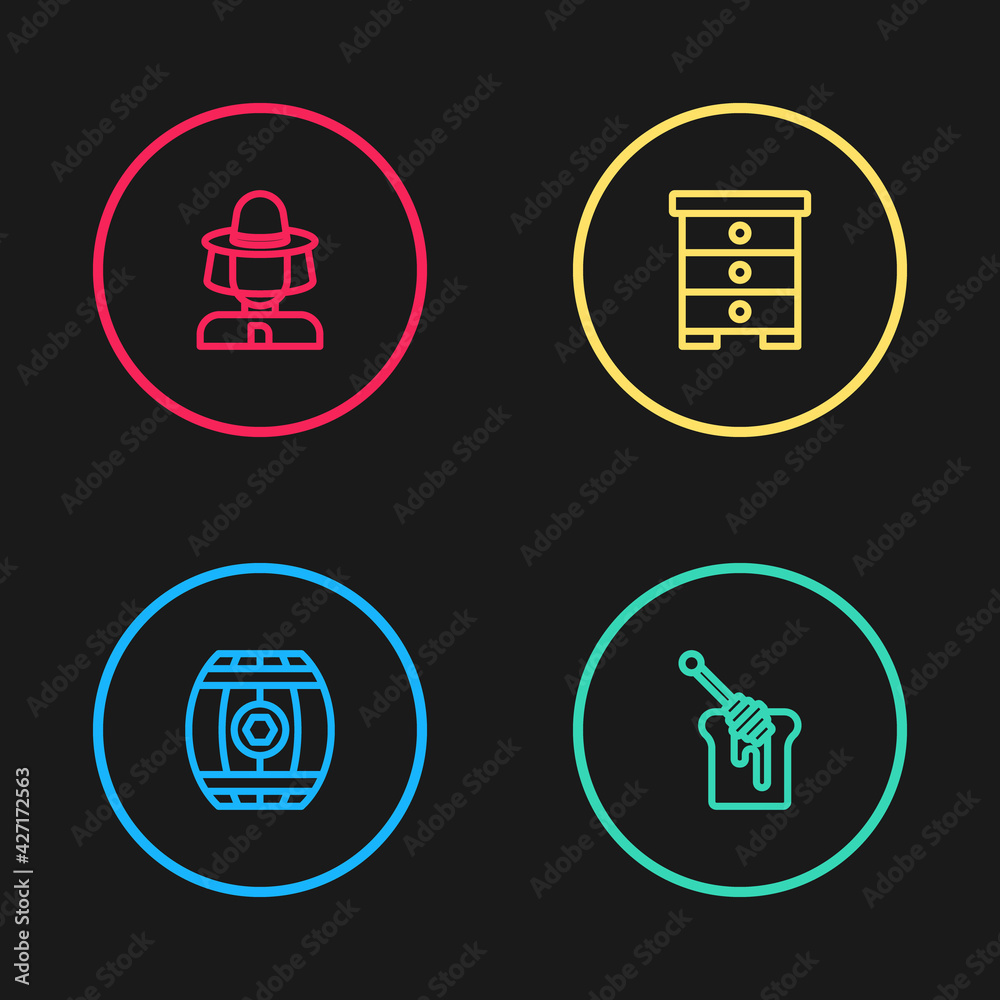 Set line Wooden barrel with honey, Honey dipper stick, Hive for bees and Beekeeper protect hat icon. Vector Set line Wooden barrel with honey, Honey dipper stick, Hive for bees and Beekeeper protect hat icon. Vector