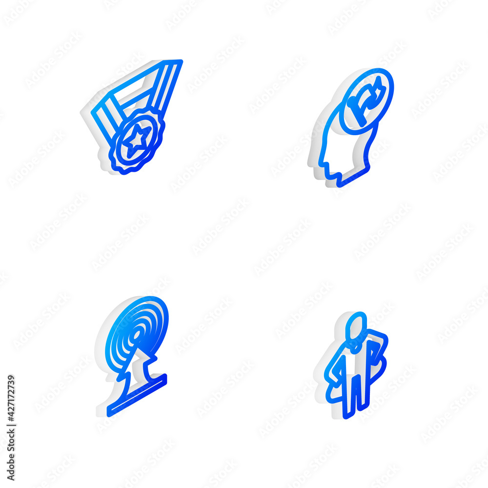 Set Isometric line Hand holding flag, Medal, Target with arrow and Head hunting icon. Vector Set Isometric line Hand holding flag, Medal, Target with arrow and Head hunting icon. Vector